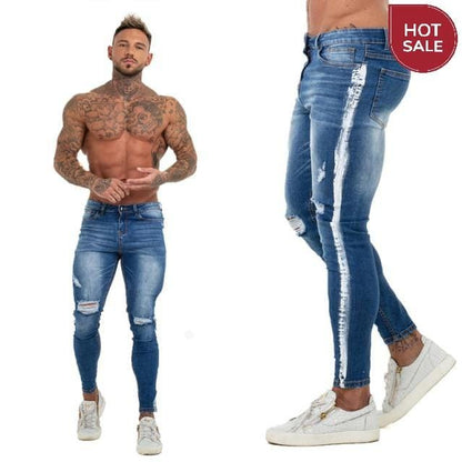 GINGTTO Jeans Men Elastic Waist Skinny Jeans Men 2020 Stretch Ripped Pants Streetwear Mens Denim Jeans Blue
