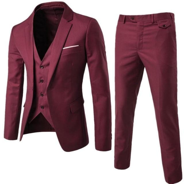 Burgundy Mens Suits Groom Wear Tuxedos 3 Piece Wedding Suit Groomsmen Best Man Formal Business Suit For Men (Jacket+Pants +Vest)