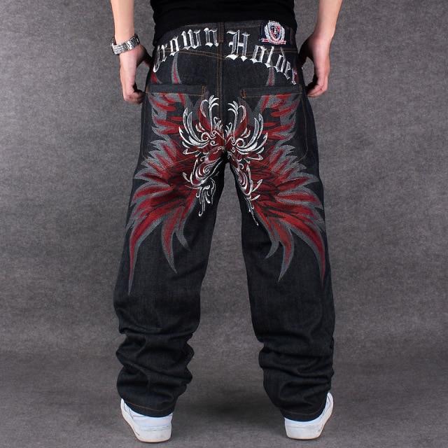 Mens Jeans Top Rushed Stripe Loose Hip Hop Jeans Men Printed Hiphop Demin Pants Tide Trousers Embroidered Flower Wings