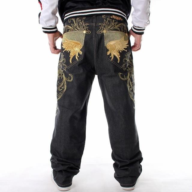 Mens Jeans Top Rushed Stripe Loose Hip Hop Jeans Men Printed Hiphop Demin Pants Tide Trousers Embroidered Flower Wings