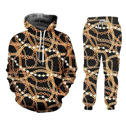 2 Pieces Suit Style Men's 3d Print Crown Golden Chain Luxury Hoodies And Jogger Pants Men Set Pullover Tracksuits