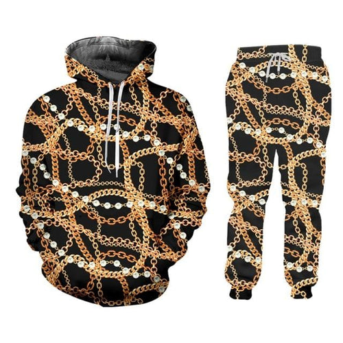 2 Pieces Suit Style Men's 3d Print Crown Golden Chain Luxury Hoodies And Jogger Pants Men Set Pullover Tracksuits