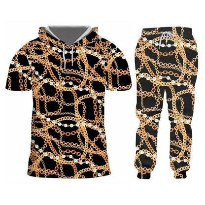 2 Pieces Suit Style Men's 3d Print Crown Golden Chain Luxury Hoodies And Jogger Pants Men Set Pullover Tracksuits