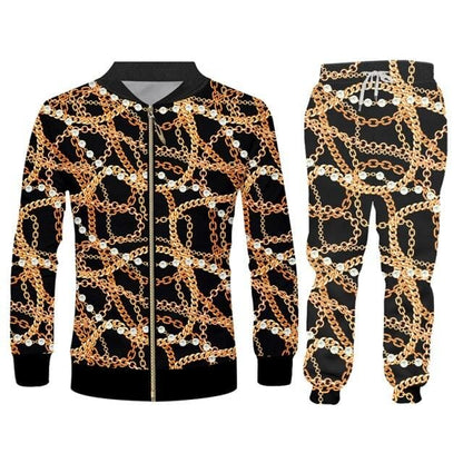 2 Pieces Suit Style Men's 3d Print Crown Golden Chain Luxury Hoodies And Jogger Pants Men Set Pullover Tracksuits