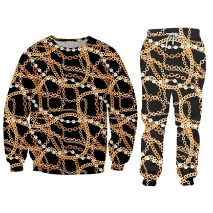 2 Pieces Suit Style Men's 3d Print Crown Golden Chain Luxury Hoodies And Jogger Pants Men Set Pullover Tracksuits
