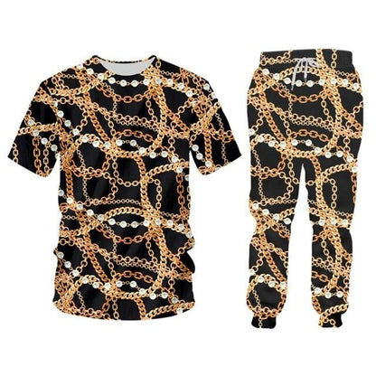 2 Pieces Suit Style Men's 3d Print Crown Golden Chain Luxury Hoodies And Jogger Pants Men Set Pullover Tracksuits