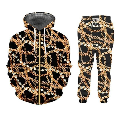 2 Pieces Suit Style Men's 3d Print Crown Golden Chain Luxury Hoodies And Jogger Pants Men Set Pullover Tracksuits