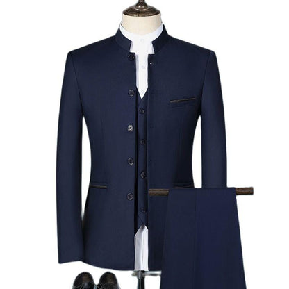 Fashion Men's Casual Boutique White Stand Up Collar Chinese Style 3 Pcs Suit Set Slim Fit Blazers Jacket Coat Pants Vest