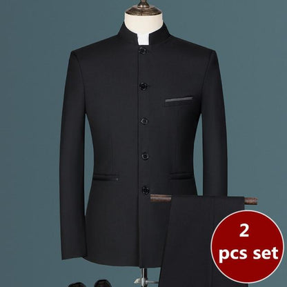 Fashion Men's Casual Boutique White Stand Up Collar Chinese Style 3 Pcs Suit Set Slim Fit Blazers Jacket Coat Pants Vest