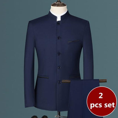 Fashion Men's Casual Boutique White Stand Up Collar Chinese Style 3 Pcs Suit Set Slim Fit Blazers Jacket Coat Pants Vest