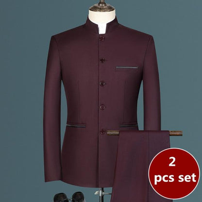 Fashion Men's Casual Boutique White Stand Up Collar Chinese Style 3 Pcs Suit Set Slim Fit Blazers Jacket Coat Pants Vest