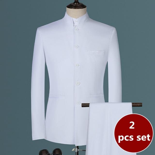 2021 Fashion Men's Casual Boutique White Stand Up Collar Chinese Style 3 Pcs Suit Set Slim Fit Blazers Jacket Coat Pants Vest
