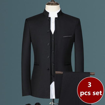 Fashion Men's Casual Boutique White Stand Up Collar Chinese Style 3 Pcs Suit Set Slim Fit Blazers Jacket Coat Pants Vest