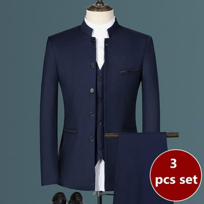 Fashion Men's Casual Boutique White Stand Up Collar Chinese Style 3 Pcs Suit Set Slim Fit Blazers Jacket Coat Pants Vest
