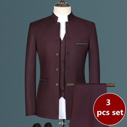 Fashion Men's Casual Boutique White Stand Up Collar Chinese Style 3 Pcs Suit Set Slim Fit Blazers Jacket Coat Pants Vest