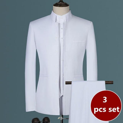 Fashion Men's Casual Boutique White Stand Up Collar Chinese Style 3 Pcs Suit Set Slim Fit Blazers Jacket Coat Pants Vest