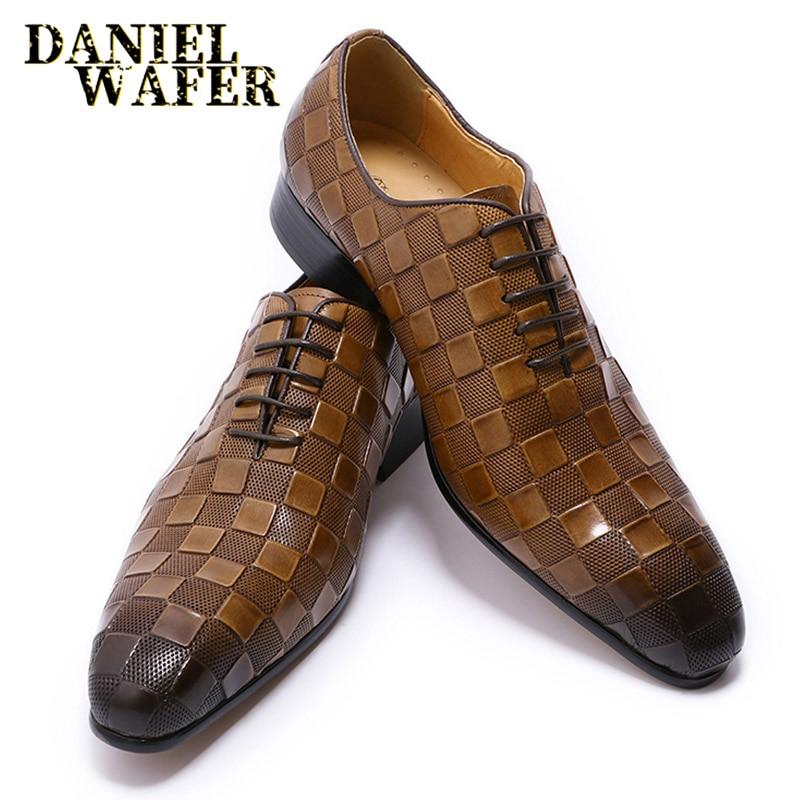 Luxury Italian Leather Dress Shoes Men Fashion Plaid Print Lace Up Black Brown Wedding Office Shoes Formal Shoes for Men