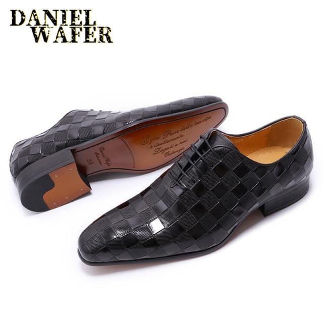 Luxury Italian Leather Dress Shoes Men Fashion Plaid Print Lace Up Black Brown Wedding Office Shoes Formal Shoes for Men