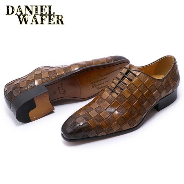 Luxury Italian Leather Dress Shoes Men Fashion Plaid Print Lace Up Black Brown Wedding Office Shoes Formal Shoes for Men