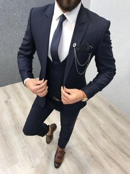 2020 Three Piece Royal Blue Men Suits Peaked Lapel Custom Made Wedding Tuxedos Slim Fit Male Suits (Jacket + Pants + Vest+Tie)