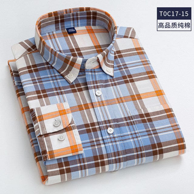 High Quality 100% Cotton Men Oxford Shirt Casual Striped Or Plaid Long-Sleeved Shirts Button Collar Design Regular Fit 4XL 3XL