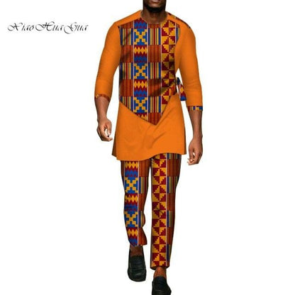 2 Pcs Set Men Dashiki Shirt and Long Pants African Clothes for Men Long Sleeve Shirt and Pants Men African Suits Set WYN94