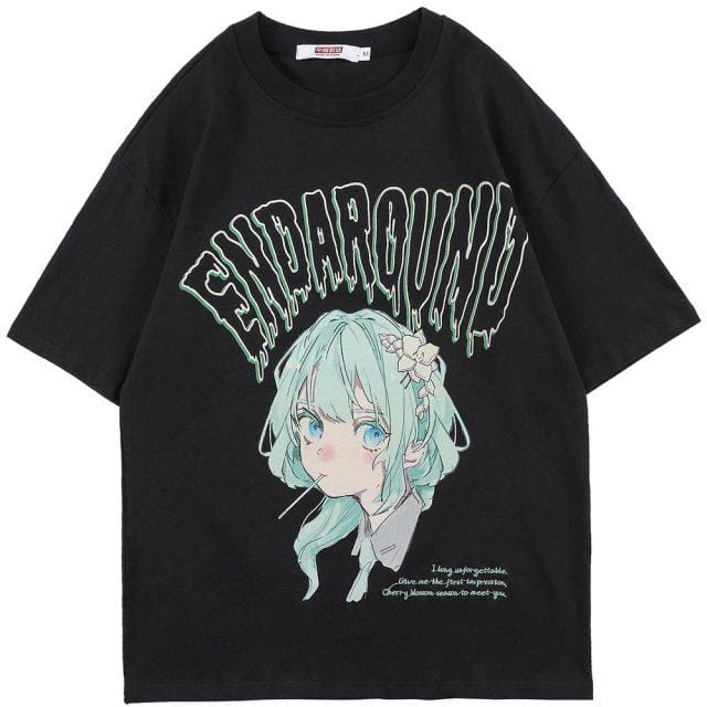 Aolamegs T-shirt Men Green Hair Girl Cartoon Anime Printed O-Neck Streetwear Japanese Harajuku Fashion Tops Men Clothing Summer