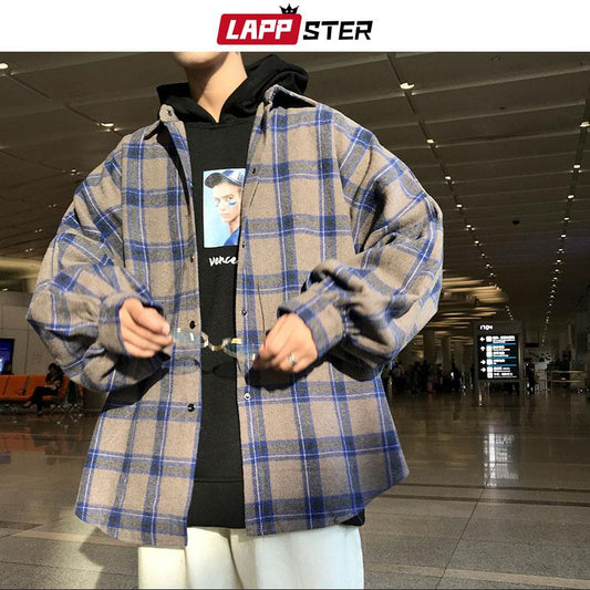 LAPPSTER Men Harajuku Color Block Plaid Shirt 2021 Mens Streetwear Thick Shirts Long Sleeve Male Vintage Korean Fashions Clothes