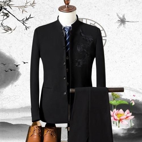 Men's Stand Collar Chinese Style Wedding Dragon Totem Embroidered Suit 3 Piece Suit Set Jacket Vest Pants Men's Coat