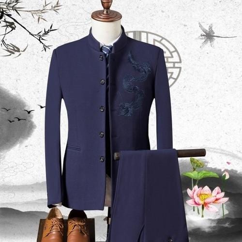 Men's Stand Collar Chinese Style Wedding Dragon Totem Embroidered Suit 3 Piece Suit Set Jacket Vest Pants Men's Coat