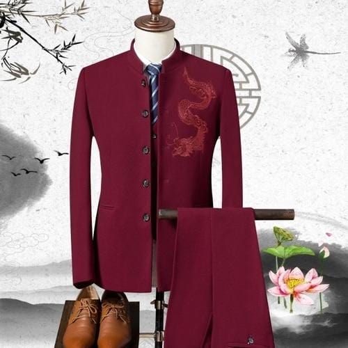 Men's Stand Collar Chinese Style Wedding Dragon Totem Embroidered Suit 3 Piece Suit Set Jacket Vest Pants Men's Coat