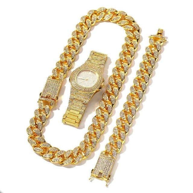 Iced Out Watch for Men Women Hip Hop Rapper Miami Cuban Chain Gold Necklace Paved Rhinestones Bling Watch Set Men Jewelry Choker