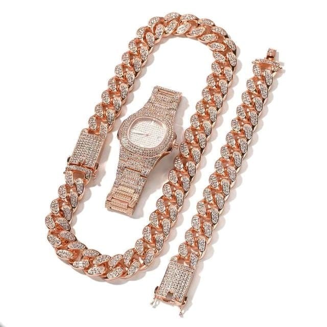 Iced Out Watch for Men Women Hip Hop Rapper Miami Cuban Chain Gold Necklace Paved Rhinestones Bling Watch Set Men Jewelry Choker