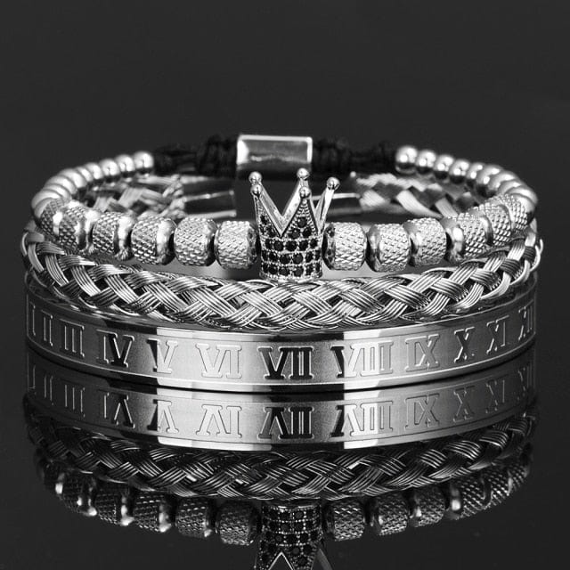 Luxury Crown Handmade Men Enamel Roman Numeral Bangles Hemp Rope Buckle Open Stainless Steel Micro Pave CZ Luxury Jewelry