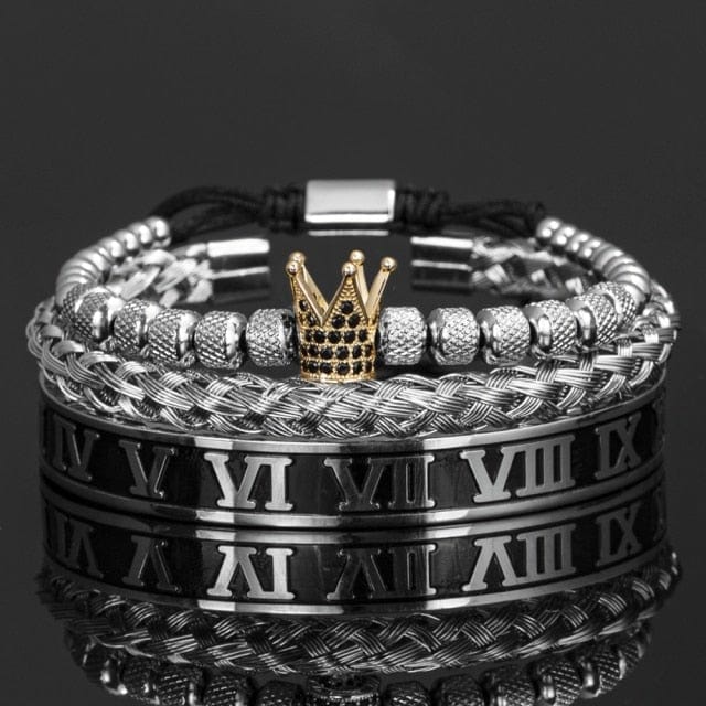 Luxury Crown Handmade Men Enamel Roman Numeral Bangles Hemp Rope Buckle Open Stainless Steel Micro Pave CZ Luxury Jewelry