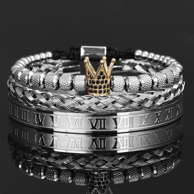 Luxury Crown Handmade Men Enamel Roman Numeral Bangles Hemp Rope Buckle Open Stainless Steel Micro Pave CZ Luxury Jewelry