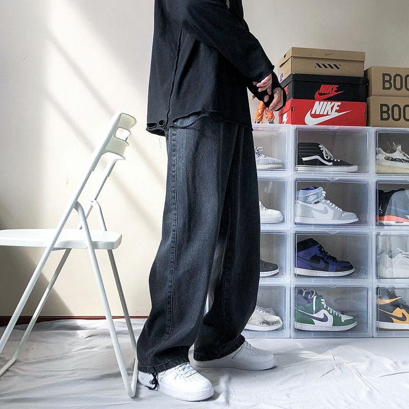 2021 Men's New Loose Black/blue Straight Pants Solid Color Casual Pants Baggy Homme Cargo Pocket Jeans Biker Denim Trousers