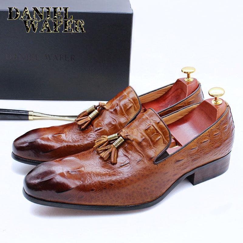 Luxury Men's Leather Dress Shoes Prints Casual Men Shoes Black Brown Slip on Wedding Shoes Male