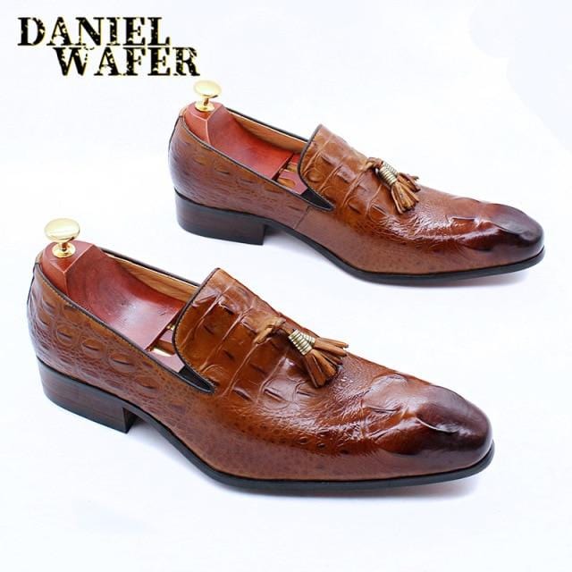 Luxury Men's Leather Dress Shoes Prints Casual Men Shoes Black Brown Slip on Wedding Shoes Male