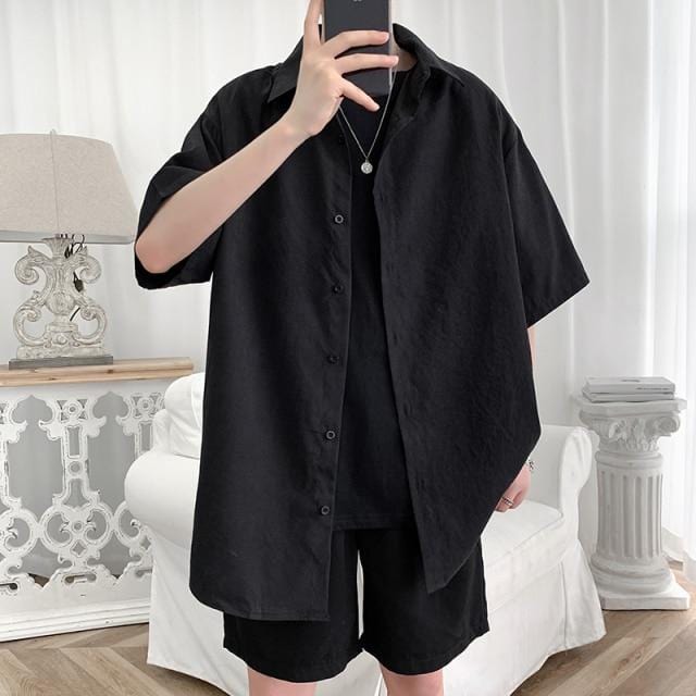 Streetwear Shirt Men Solid Cotton Plus Size Short Sleeve Shirts Loose Summer Fashion Casual Korean Shirt Mens Tops Clothes 2021