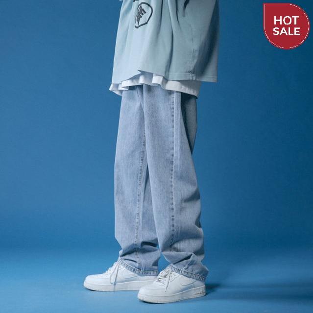 Straight Jeans men Autumn White/black Korean Man Loose Denim Trousers Streetwear Male Casual Pants Men's Solid Color wide jeans
