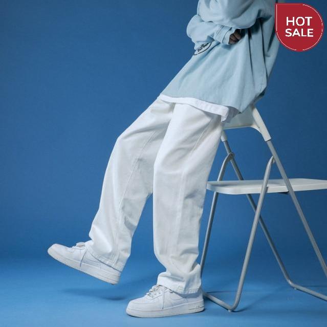 Straight Jeans men Autumn White/black Korean Man Loose Denim Trousers Streetwear Male Casual Pants Men's Solid Color wide jeans