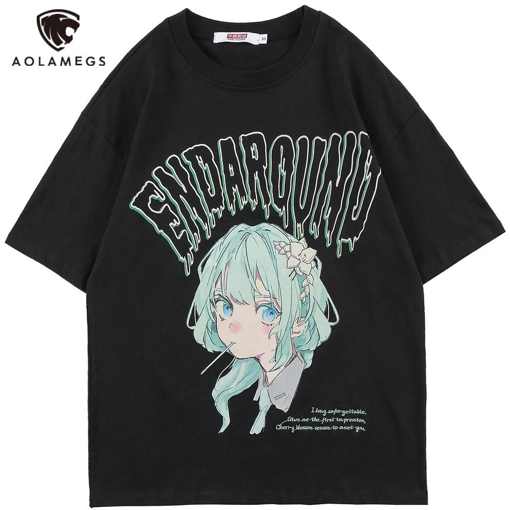 Aolamegs T-shirt Men Green Hair Girl Cartoon Anime Printed O-Neck Streetwear Japanese Harajuku Fashion Tops Men Clothing Summer