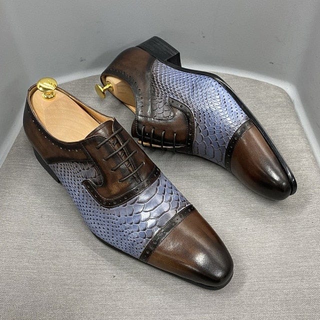 DANIEL WAFER Real Cow Leather Men's Dress Shoes Handmade Lace Up Oxford Snake Print Pointed Cap Toe Party Formal Shoes for Men