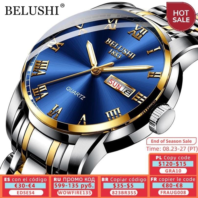 BELUSHI Top Brand Luxury Mens Watches Luminous Waterproof Stainless Steel Watch Quartz Men Date Calendar Business Wristwatch