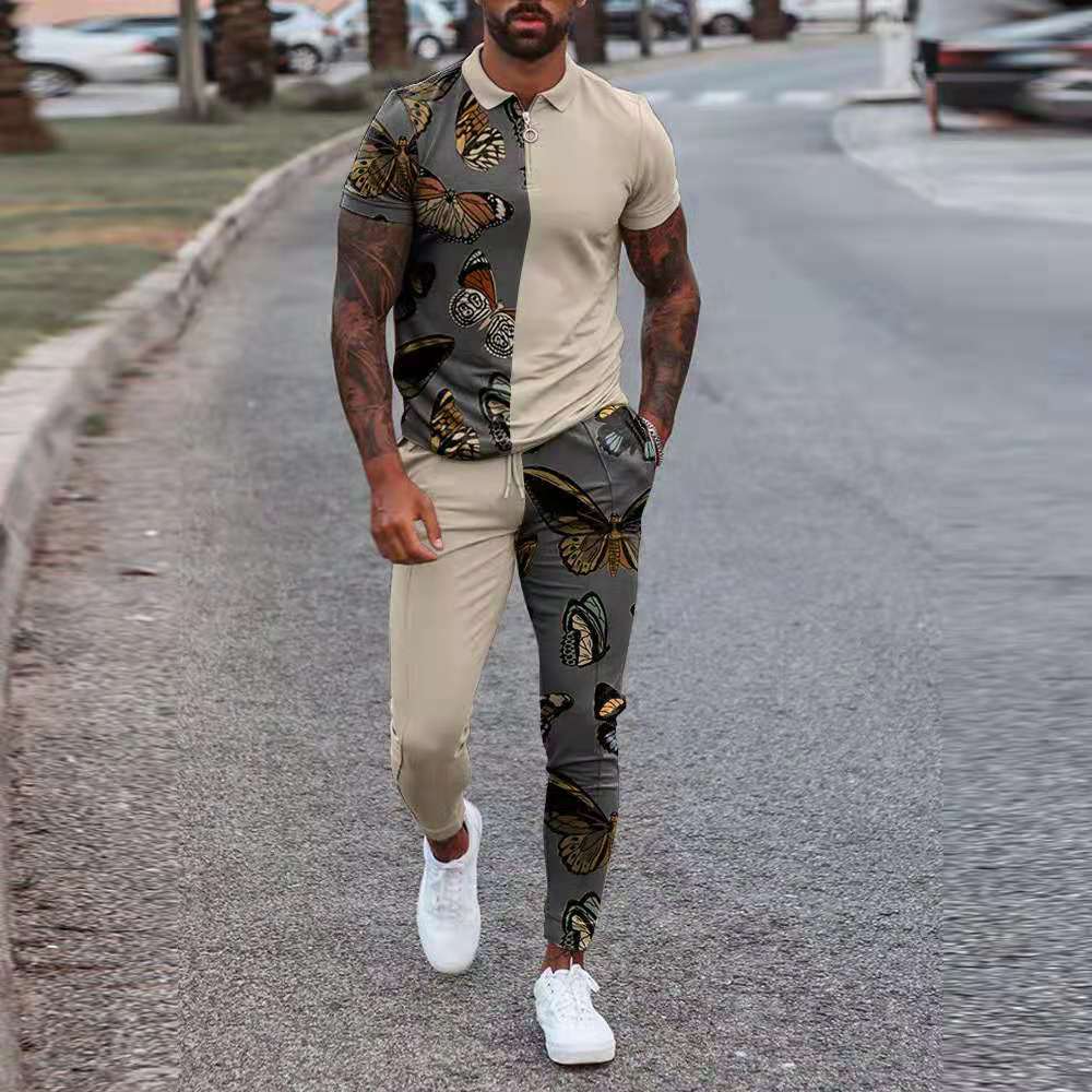 New Two-piece Men Suit Fashion Zipper POLO Shirt+Trousers Stitching Print Casual Jogger Tracksuit Sweatshirt Set For Men Clothes