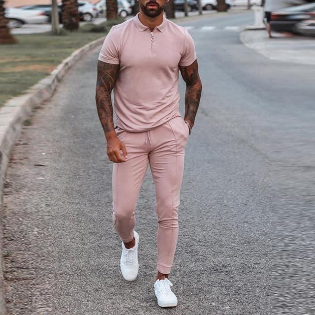 Nou costum din două piese pentru bărbați, la modă, cu fermoar, cămașă POLO + pantaloni, cusături, imprimeu ocazional, jogger, trening, set de hanorace pentru haine pentru bărbați