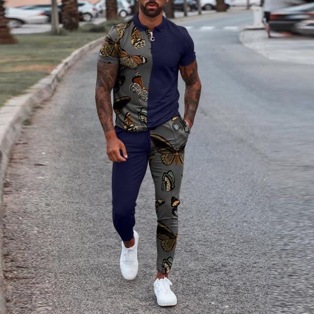 Nou costum din două piese pentru bărbați, la modă, cu fermoar, cămașă POLO + pantaloni, cusături, imprimeu ocazional, jogger, trening, set de hanorace pentru haine pentru bărbați