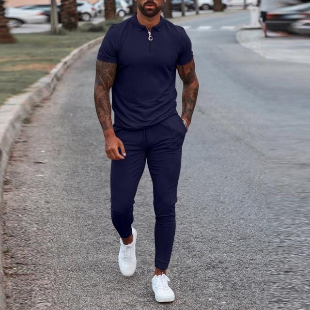 Nou costum din două piese pentru bărbați, la modă, cu fermoar, cămașă POLO + pantaloni, cusături, imprimeu ocazional, jogger, trening, set de hanorace pentru haine pentru bărbați