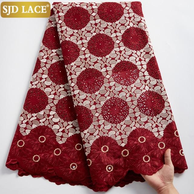 SJD LACE African Dry Lace Fabric With Stones 5Yards Garment Materials Swiss Voile Lace In Switzerland For Nigerian Man Sew A2373